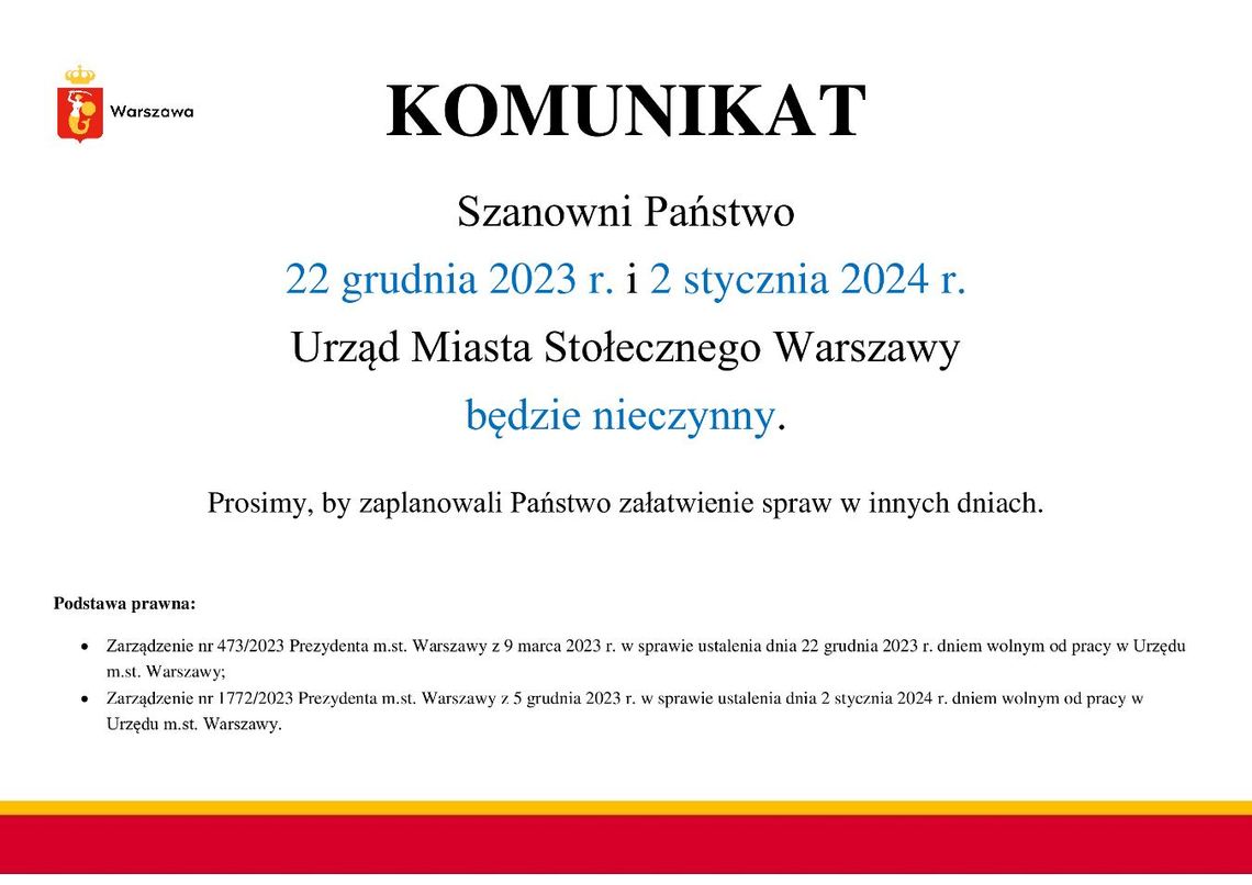 22 grudnia i 2 stycznia Urzędy Dzielnicy będą nieczynne