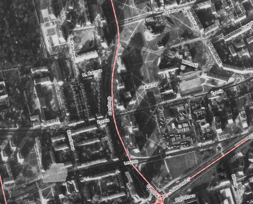 Widok z lotu ptaka na osiedle Okopowa-Towarowa. 1976/1977 r. - fot. mapa.um.warszawa.pl