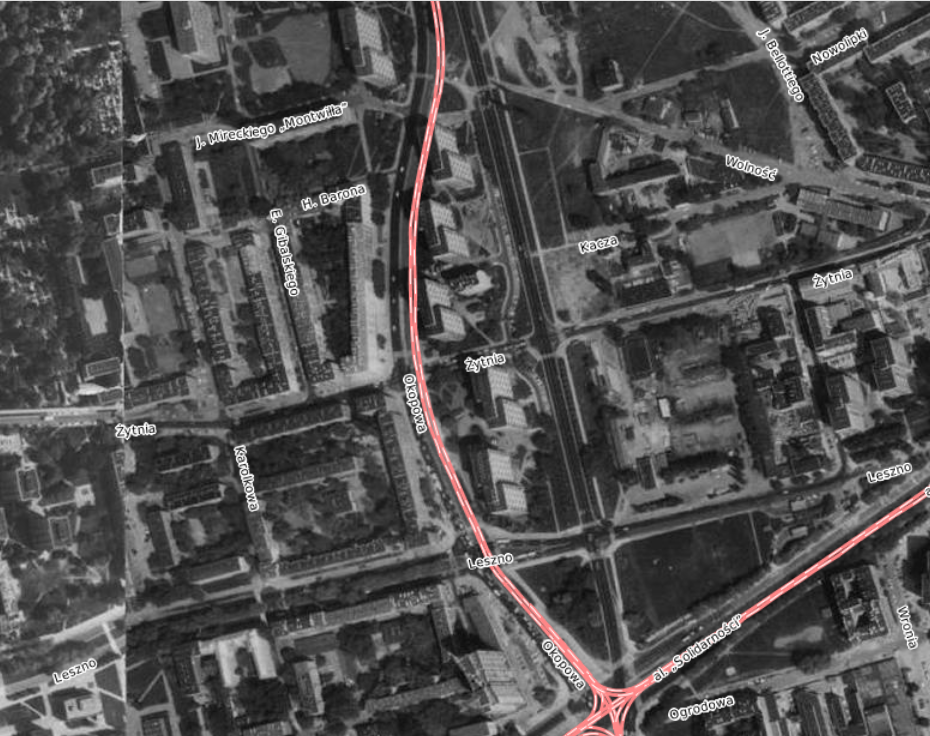 Widok z lotu ptaka na osiedle Okopowa-Towarowa. 1987 r. - fot. mapa.um.warszawa.pl
